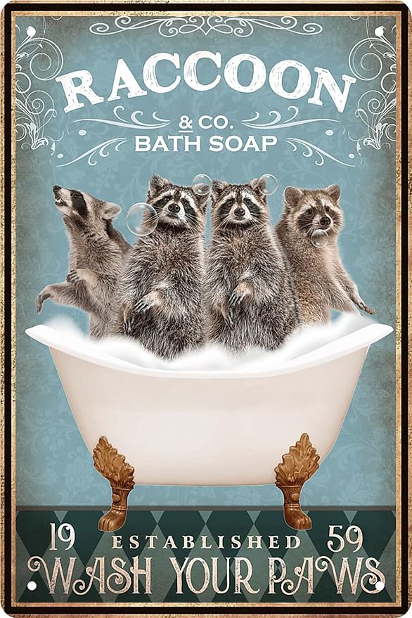 Funny Raccoon Decor Vintage Bathroom and Bathtub Metal Tin Sign Decor Raccoon Pet lovers Gift Farm Home Bar Bathroom Man Cave Retro Wall Art Poster Sign Accessories 8x12 In