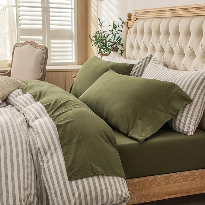 PURE ERA Jersey Knit 4pc Bed Sheet Set 100% T-Shirt Heather Cotton Super Soft Comfy Breathable Fits Mattress Up to 20" Extra Deep Pocket(Olive Green, King)