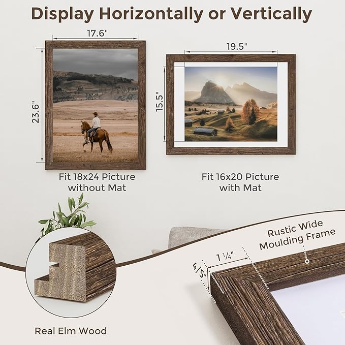 18x24 Picture Frame, Solid Elm Wood Picture Frame with Real Glass, Large Rustic Poster Frame 18"x24", matted to 16x20, 18 by 24 Wooden Frame for Vertical & Horizontal Wall Hanging, Walnut, 1 Pack