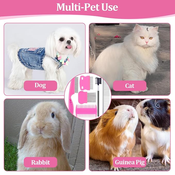 6 Pack Pet Grooming Combs, Stainless Steel Dog and Cat Grooming Combs with Rounded Teeth, Double-Sided Professional Pet Tear Stain Remover for Small, Medium, and Large Pets (Pink)