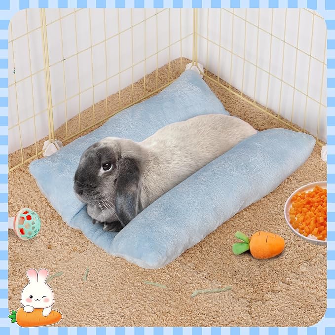 MEWTOGO 15.7" x 14" Bunny Bed for Rabbit Cage, Thickened & Soft | Prevent Sore Hocks Plush Mat with Cotton Lounger Pillows, Small Animal Flop Mat for Hutch Sleeping Indoor, Light Blue