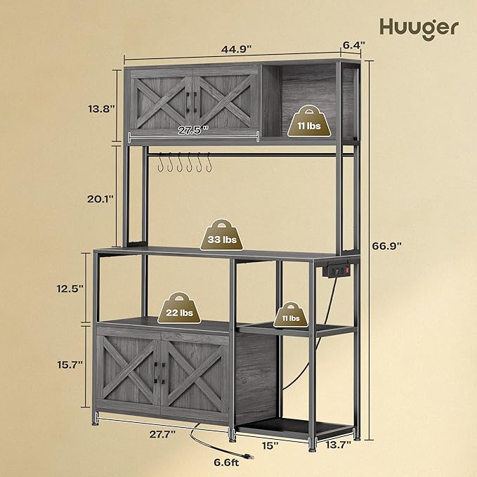 Huuger Large Bakers Rack with Power Outlet, Kitchen Microwave Stand with Cabinets, Coffee Bar Table Station with Storage, 6 S-Shaped Hooks, Mesh Shelves, 45 Inch Wooden Top, Grey
