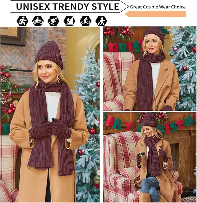 Womens Winter Knit Warm Hat Beanie Long Scarf Touch Screen Gloves Set Skull Caps Neck Scarves for Women