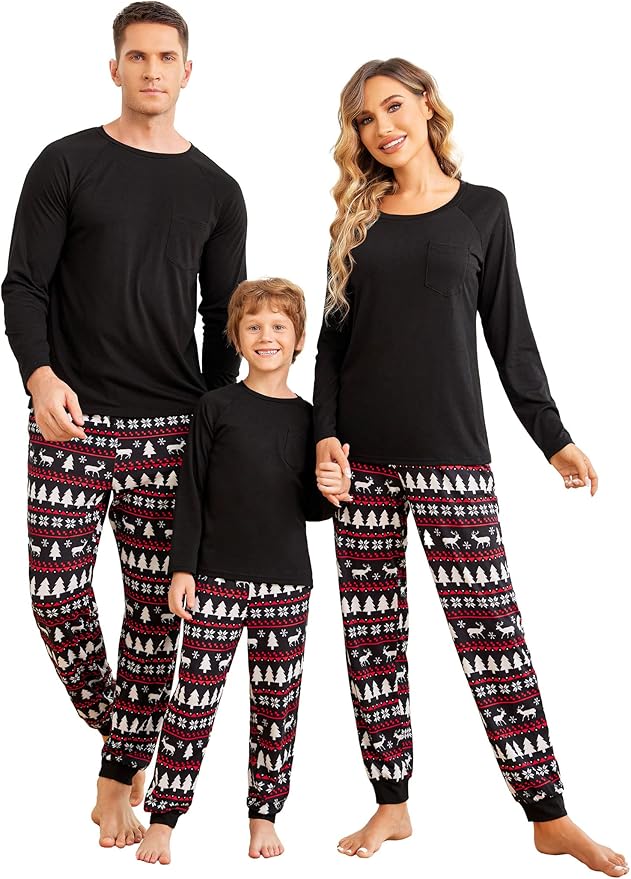 Ekouaer Family Matching Pajamas Christmas Sleepwear Long Sleeve Sleep Shirt with Plaid Pants Soft Loungewear Pjs Set S-XXL