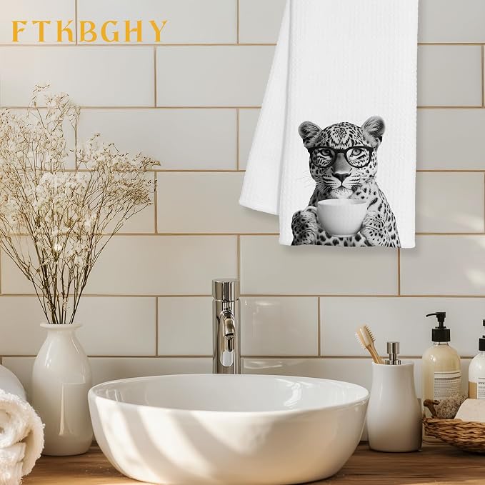 Funny Leopard Decor Coffee Kitchen Towels Gift, Leopard Gifts for Women, Coffee Gifts for Women, Animal Lover Gift Decorative Dish Hand Tea Towels for Kitchen Home Bar Decor, 16x24 Inch