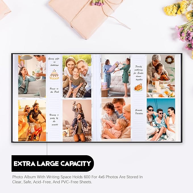 Photo Album 4x6 600 Photos with Writing Space Linen Cover with Front Window Picture Album, 600 Photos 4x6 Photo Album Book for Wedding Kids Travel Family Baby Pictures (Black)