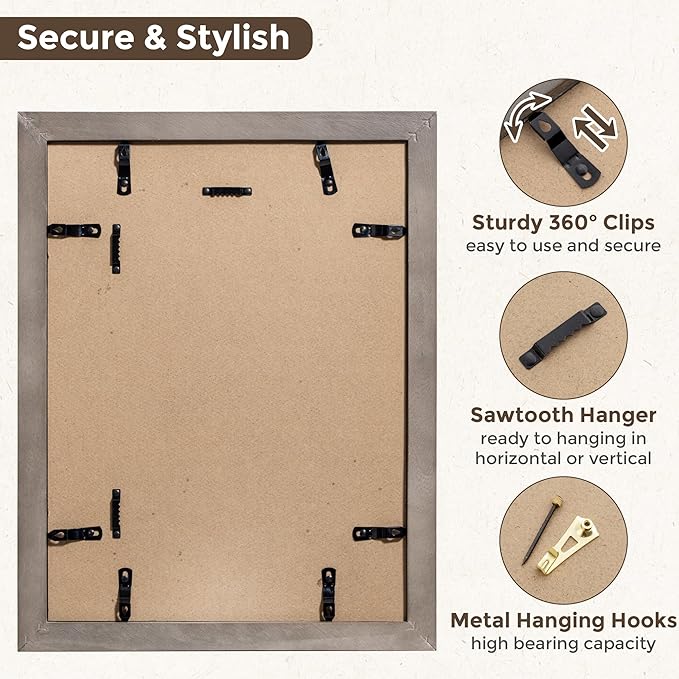 Fun Memories 12 x16 Wood Picture Frame, Wall Mounting Photo Frame, Display Pictures 8.5x11 with Mat or 12x 16 Without Mat, 12x16 Rustic Picture Frame with Real Tempered Glass, Grey, 1 Pack