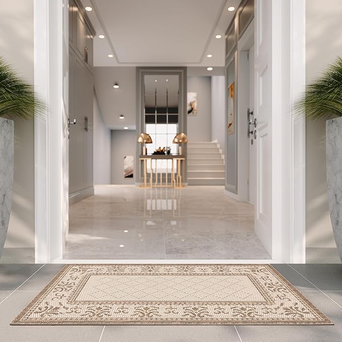SAFAVIEH Washable Rug Outdoor Courtyard Collection - 2' x 3'7", Natural & Brown, Non-Shedding & Easy Cleaning, Ideal for Patio, Front Door, Entryway, Doormat (CY2098-3001)
