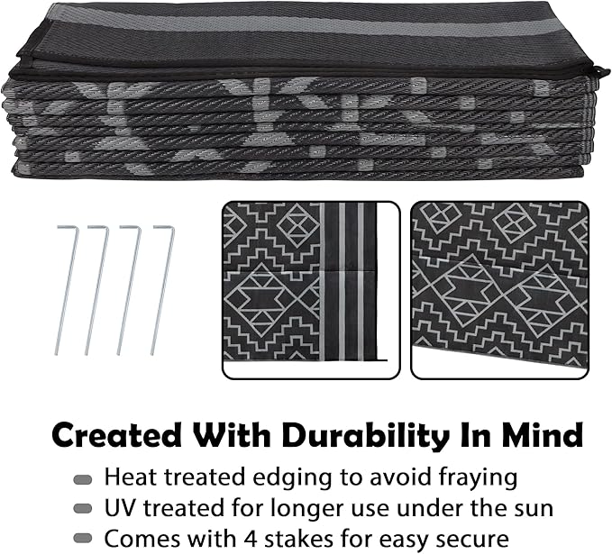 SAND MINE Reversible Mats, Plastic Straw Rug, Modern Area Rug, Large Floor Mat and Rug for Outdoors, RV, Patio, Backyard, Deck, Picnic, Beach, Trailer, Camping (9' x 18', Black & Grey)