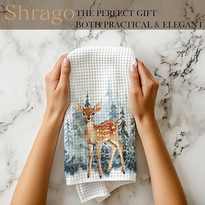 Winter Christmas Deer Kitchen Towels, Deer Gifts, Animal Lover Gifts Dish Tea Towels for Kitchen, Winter Pine Tree Forest Decorative Hand Towel for Kids Bathroom Decor, 16x24 Inch