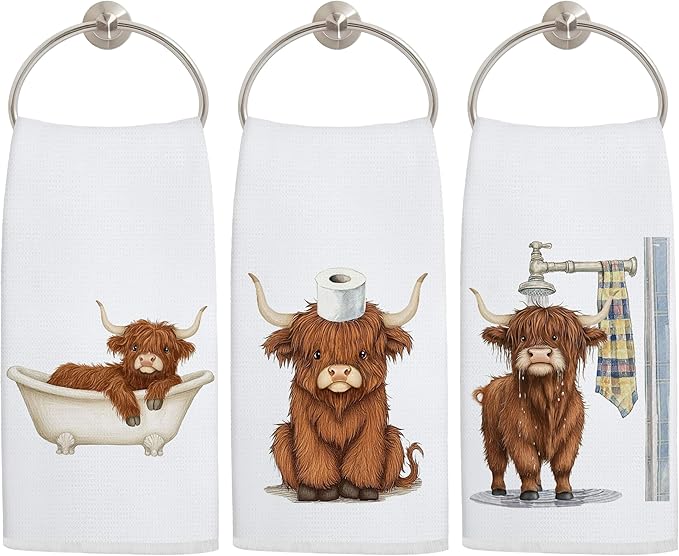 Funny Highland Cow Bathroom Hand Towels, Highland Cow Gifts for Women, Humor Farm Animal Heifer Decorative Hand Towels for Bathroom Washroom Restroom, 16x24 Inch Set of 3