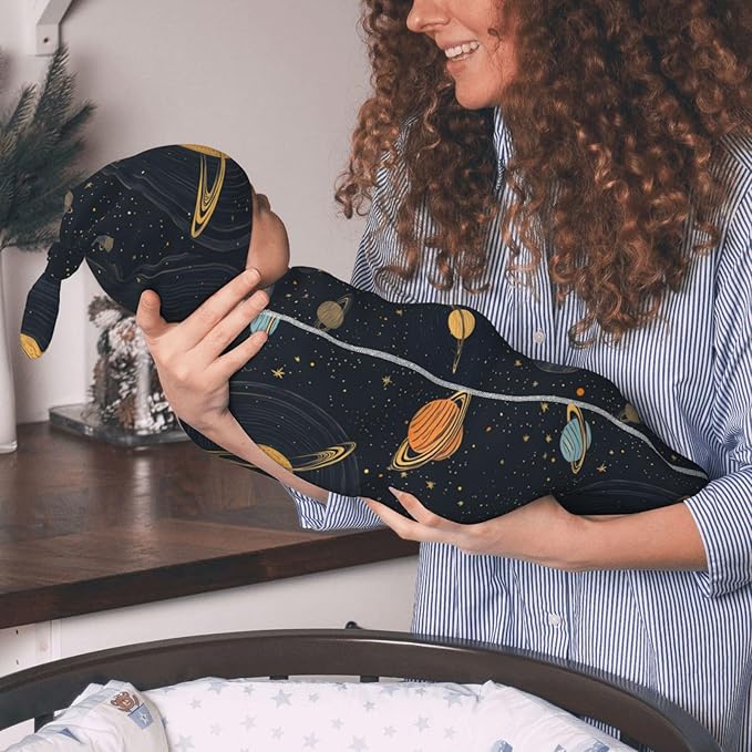 Newborn Swaddle Blankets and Hat Set Soft Cotton Baby Swaddle Wrap Warm Infant Receiving Blanket Space-4