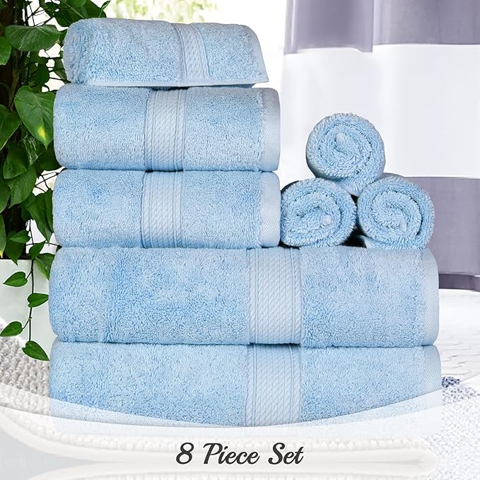 BLUENILEMILLS Madison Egyptian Cotton Towels, Towel Set for Bathroom, Shower, Hotel, Plush, 900 GSM, Highly Absorbent and Ultra-Soft Towels, Bath Essentials, 8 Piece Assorted Towel Set, Light Blue