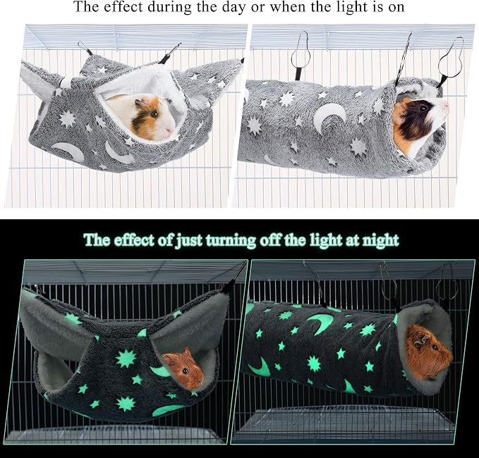 Noctilucent Luminous Grey Guinea Pig Rat Hammock Bunkbed Hanging Tunnel | Hanging Soft Bed Mat for Ferret Hedgehog Squirrel Hideout Cage Accessories (Tunnel and Bunkbed Hammock)