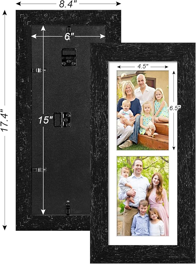 6x15 Picture Frame Display 2 opening 5X7 Double Picture Frame Collage,Multi Photo Frame with Mat,Plexiglass,Horizontal and Vertical Formats for Wall Decor,Black Wood Grain