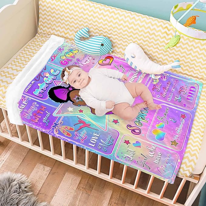 D-Story Personalized Throw Blankets, Custom Blankets with Name American African Girl Blanket Customized Blankets for Kids Adults Women Men Personalized Gifts