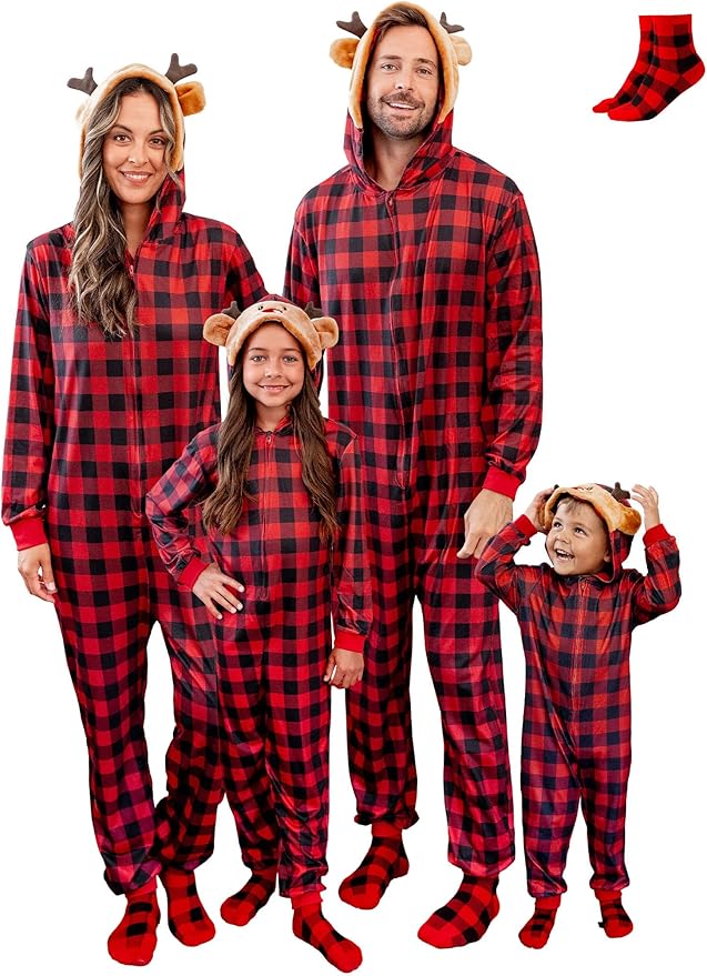 PATPAT Matching Family Christmas Onesie Pajamas – Holiday Hooded Jumpsuit Sleepwear PJs Couples Xmas Loungewear with Socks