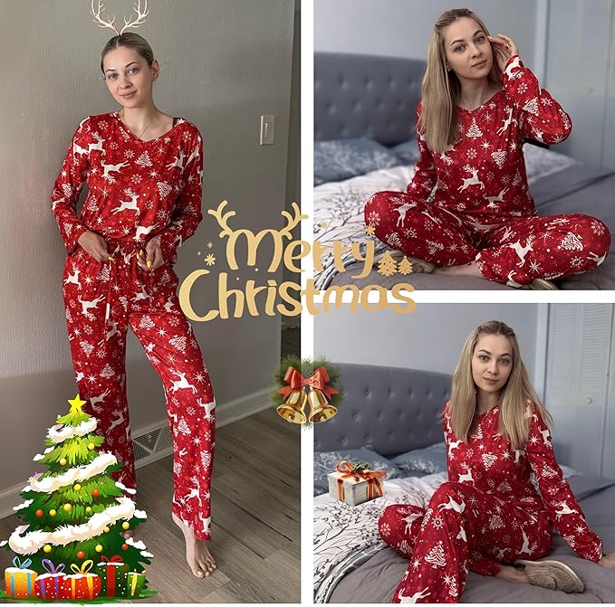 Ekouaer Womens 2 Pack Pajama Set Long Sleeve Pajamas Top and Pants V Neck Pjs Set Soft Loungewear with Pockets