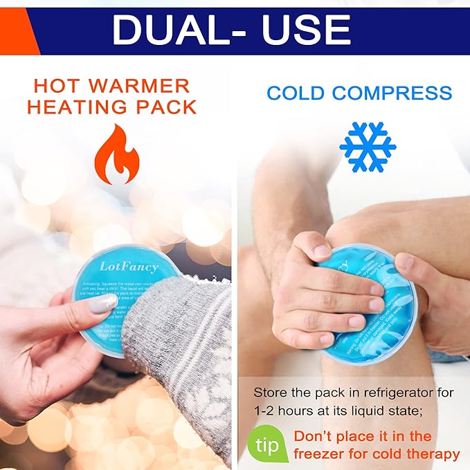 LotFancy Reusable Hand Warmer, 6 Click Activated Instant Heat Packs and 1 Wrap, Gel Heating Pad, Snap Hot Therapy Compress for Pain Relief, Outdoor & Small Portable Size
