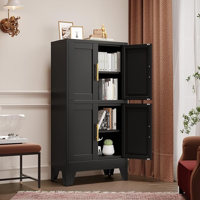 GAIOUS 47.25" Metal Storage Cabinet, Black Kitchen Food Storage with 4 Door and 2 Adjustable Shelves, Freestanding Bathroom Cabinet, Pantry for Kitchen Dinning Room, Cupboard
