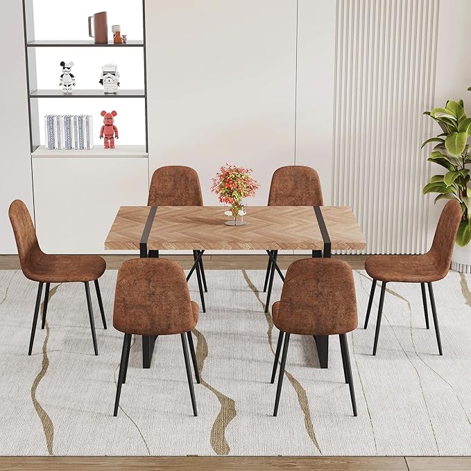 Dinner Table Set for 6, Modern 55'' Wood Dining Table with Fabric Dining Chairs Set of 6,Dining Room Sets for 6,Ideal for Dining Kitchen Room