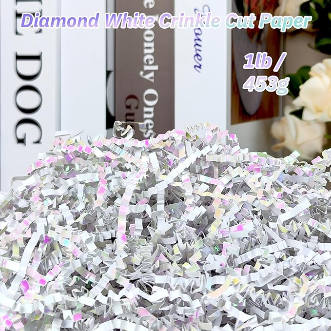 NEWMIAO 1 LB Diamond White Crinkle Cut Paper Shred Filler, Iridescent White Shredded Crinkle Paper for Gift Wrapping Basket Stuffing Box Filling for Valentines, Birthday, Mother's Day, Wedding Gifts