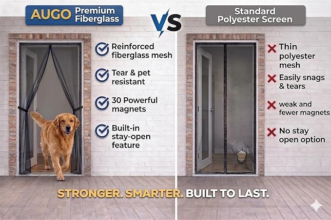 AUGO Heavy Duty Magnetic Screen Door Mesh– Premium Reinforced Fiberglass Mesh, Pet & Kid Friendly, Tear Resistant Hands-Free Self Sealing Closure, Keep Open Feature – 38" x 97"