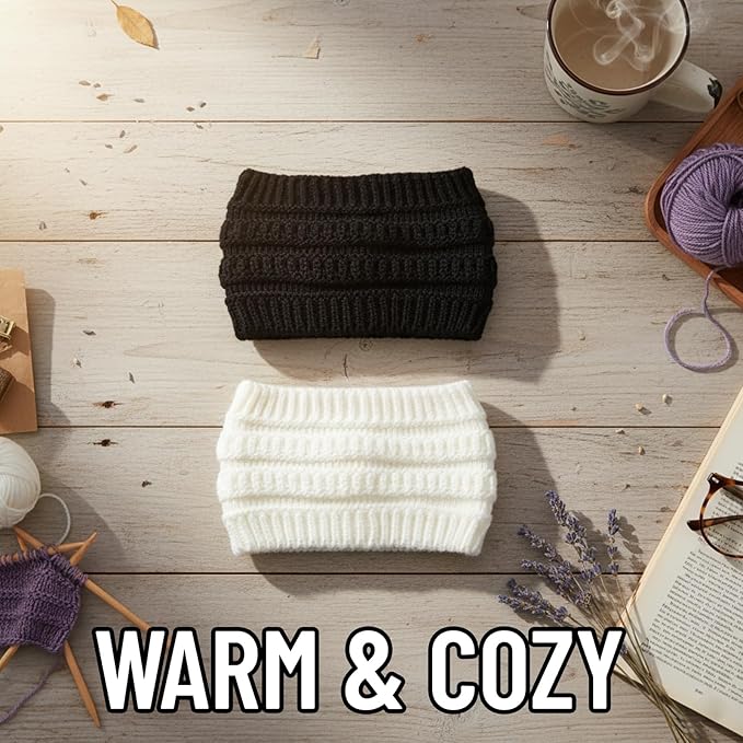 2-Pack Winter Headbands with Plush Fleece Lining, Fleece Ear Warmer Headbands for Women, Black and White Yarn Head Warmers for Outdoor Activities ﻿