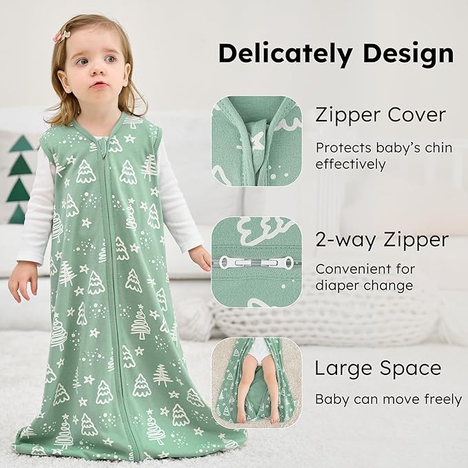Baby Sleep Sack 18-24 months, 100% Cotton Sleeping Sack for Newborn and Infant, 3 Pack Baby Wearable Blanket for Boy and Girl, 0.5 Tog Lightweight Double Zipper Sleep Bag Green Apricot Bear