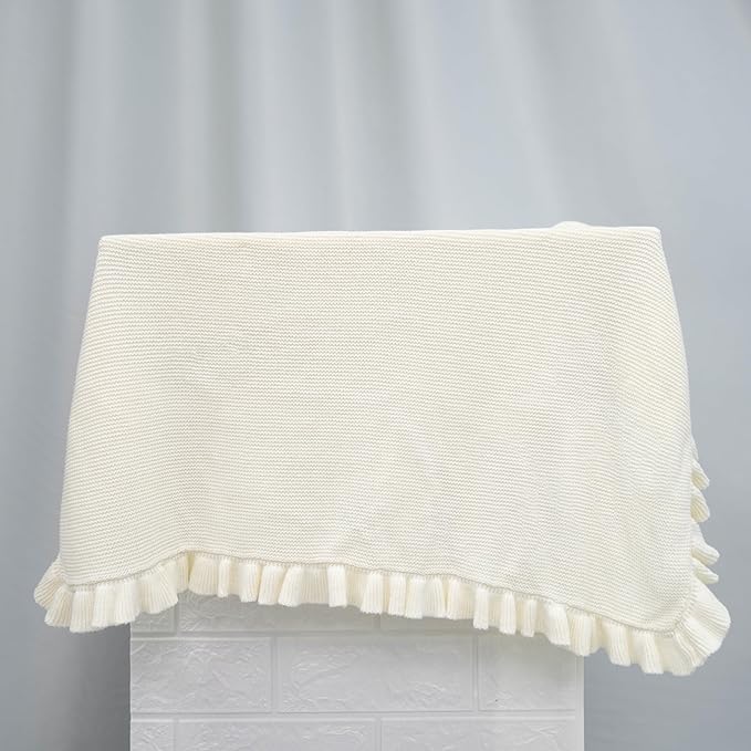 Ruffle Knit Blanket for Baby - 100% Luxury Soft Cotton Knit Warm Cozy Cuddle Stroller Crib Blanket for Newborns, Infants, & Toddlers (Cream)