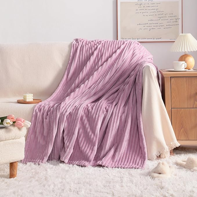 NTBAY Plush Flannel Twin Bed Blanket, 60x80 Inches Soft and Warm Lightweight Bed Blanket with Striped Texture for Couch, Sofa, All Seasons, Light Purple