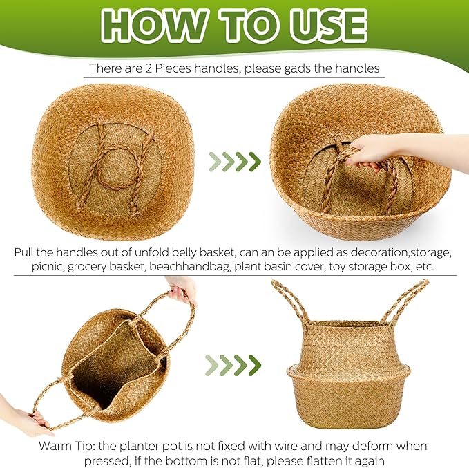 Qunclay 4 Pcs Woven Seagrass Baskets Belly Basket Folding Boho Natural Plant Pot with Handles Round Decorative Wicker Large Indoor Planter for Home Outdoor Tree Planters Decor (12 x 11 Inch)