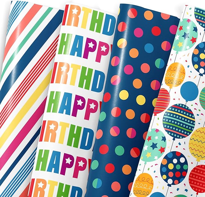 MotiGiftie Birthday Wrapping Paper for Boys Girls Women Men,12 Sheets Gift Wrapping Paper with “Happy Birthday” Polka Dots, Balloons, Colorful Stripes - Holiday Gift Wrap 20×28 Inch