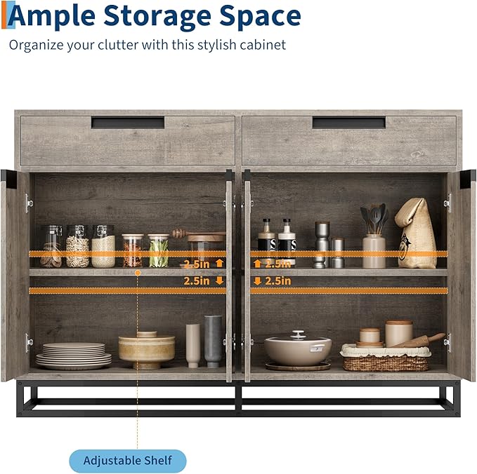 Garvee Kitchen Buffet Cabinet 55 Inch Large Modern Sideboard with 2 Drawers and 4 Doors, Coffee Bar Buffet Table for Kitchen and Dining Room, Grey