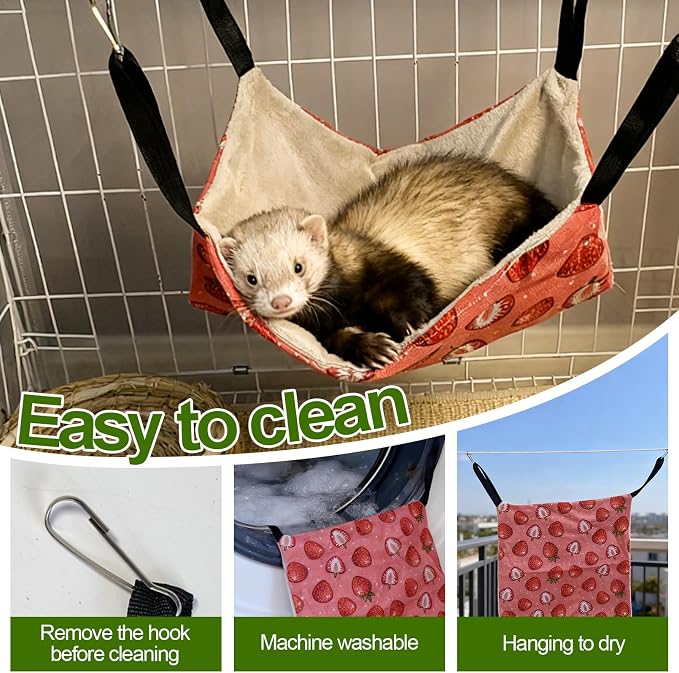 kathson 4 PCS Ferret Hammock Set,Washable Guinea Pig Hideout Bed,Soft Hamster Toys Hanging Tunnel Mats, Small Pets Cage Accessories for Rat, Sugar Glider, Squirrel(Pink)