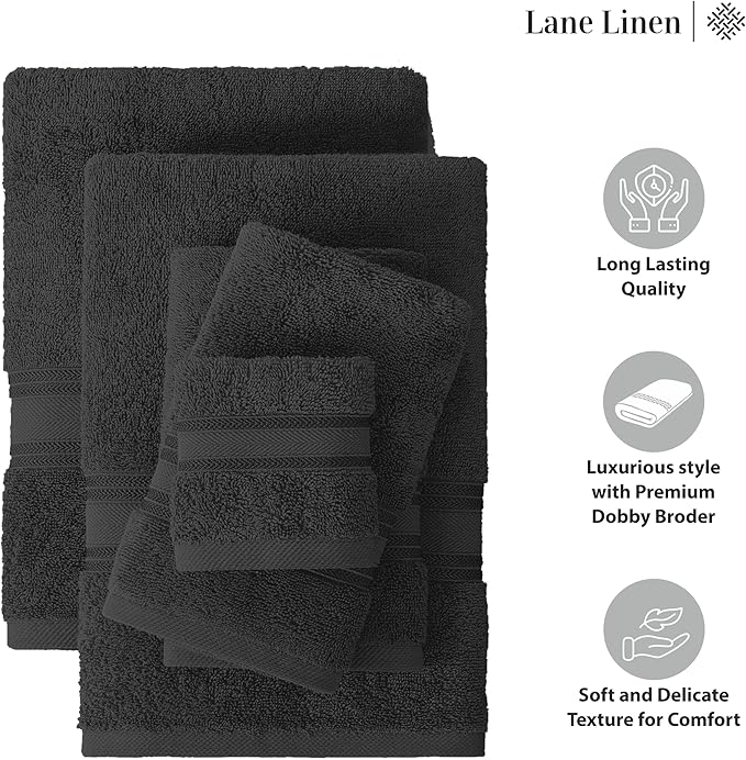 LANE LINEN 12 Pack Towels for Bathroom – 100% Ring-Spun Cotton, Zero Twist, 4 Bath, 4 Hand Towel & 4 Wash Cloths, Highly Absorbent, Remains Soft After Wash, Hotel & Spa Quality – Black