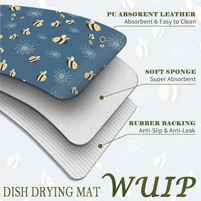 Bee Dish Drying Mats for Kitchen Counter, Bee Lovers Gifts, Cute Navy Blue Floral Honeybee Absorbent Reversible Coffee Bar Mat Drying Pad for Kitchen Decor, 12x15 Inch