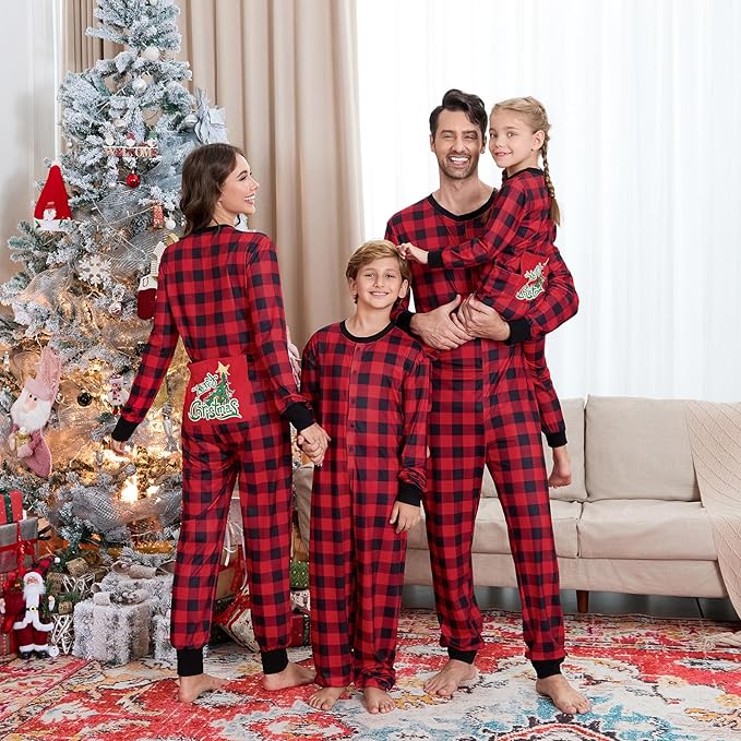 Matching Family Christmas Onesie Pajamas, Buffalo Plaid One-Piece Sleepwear Holiday Loungewear w Zipper