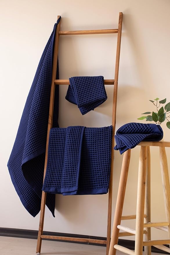 PÜSKÜL - Premium Waffle Towel Set 4 Pieces Navy Blue - Organic 100% Turkish Cotton Quick-Dry Towels for Bathroom Made in Turkiye (Navy Blue, Towel Set - 2 Hand & 2 Bath Towels)