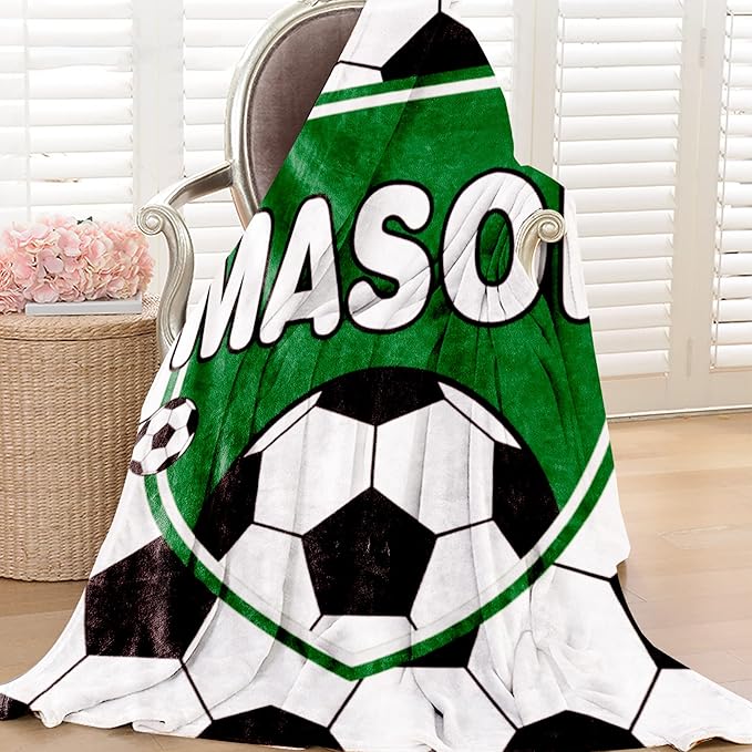 Personalized Soccer Blanket with Name for Boys, Custom Name Blanket for Kids, Soft Flannel Soccer Toddler Blanket Customized Gift for Birthday Christmas Baby Shower Newborn Gift 30'' X 40''