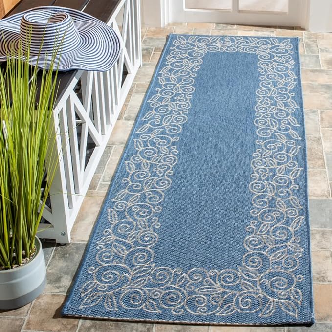 SAFAVIEH Washable Rug Outdoor Courtyard Collection - 2'3" x 12' Runner, Blue & Beige, Non-Shedding & Easy Cleaning, Ideal for Patio, Backyard, Mudroom (CY5139C)