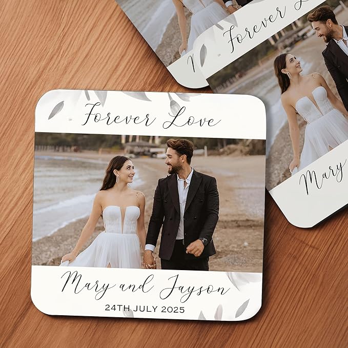 40 Pack Personalized Wedding Coasters, Custom Cardboard Coasters for Drinks with Photo Print and Text, Keepsake Wedding Favors and Gifts for Couples, 4x4 Square, Design 7