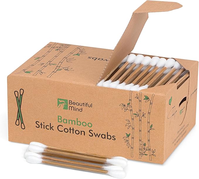 Bamboo Cotton Swabs 200 Pack - Natural Swabs for Ears, Makeup & Cleaning - Carbonized Bamboo Sticks with Soft Buds - Travel Size Q Gentle Tips - Precision Ear Cleaner Swabs