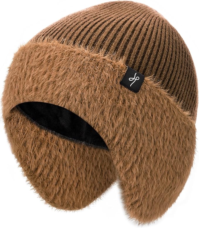 Winter Fleece-Lined Beanie with Earflaps, Warm Windproof Unisex Beanie Hat for Skiing, Hiking & Outdoor Winter Sports