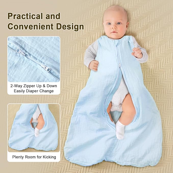PHF 100% Muslin Cotton Baby Sleep Sacks, 12-18 Months Sleep Sack with 2-Way Zipper, 2 Pack Cooling Unisex 0.5 TOG Breathable Large Size Sleeveless Baby Wearable Blanket, White & Blue