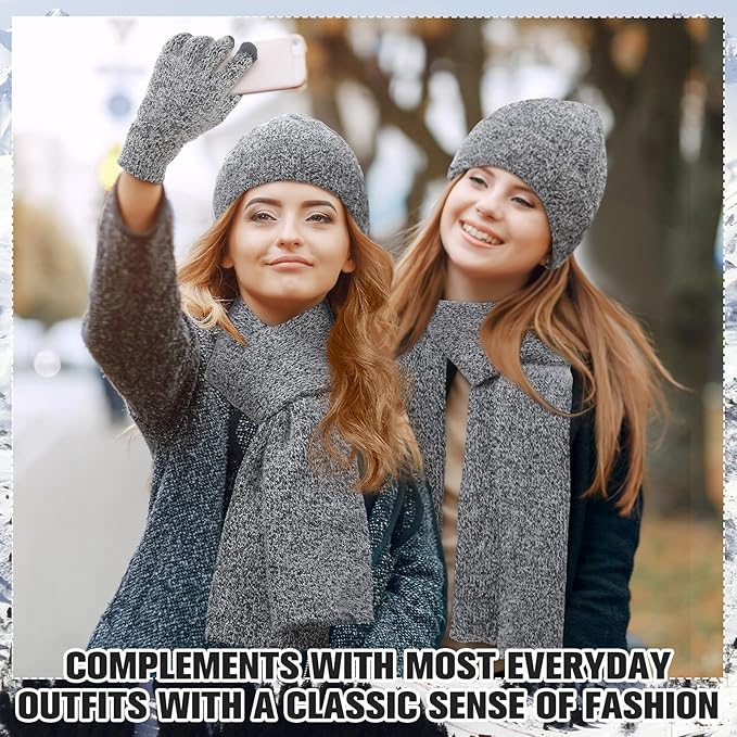 Geyoga 6 Pcs Winter Knit Set Beanie Hat Long Scarf Touchscreen Gloves Ear Muff Socks Warm Valentine Gift for Women Men Snow(Dark Grey,Chic Style)