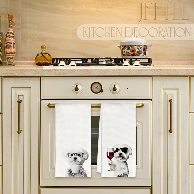Funny Maltese Kitchen Towels Set of 2, Funny Kitchen Decor, Coffee Station Wine Dog Decor, Maltese Owner Gift Hand Towel, Dining Room Decorative Tea Towel Dish Towels 16x24 Inch