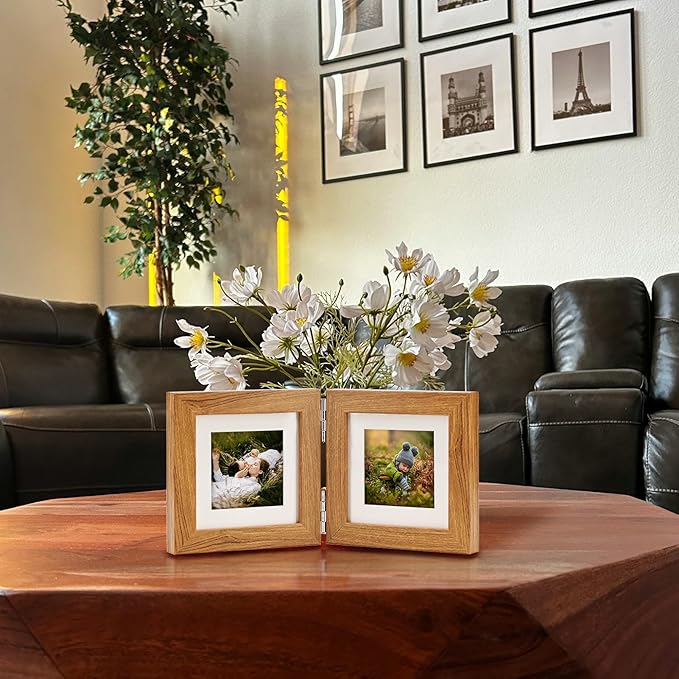 Double Hinged 4x4 Picture Frame with Real Glass-Tabletop or Wall Mounted, Display for 3x3 & 4x4 Photos (with/without Mat)-Rustic Brown, For Family Photos & Wedding Memories-Z44X2