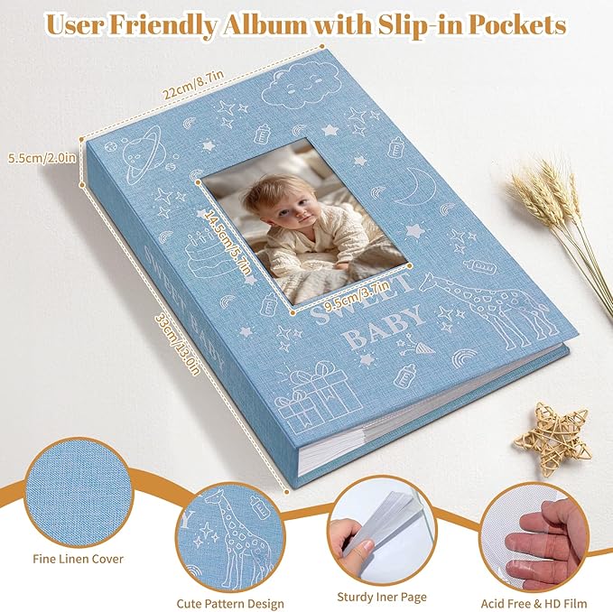 Baby Photo Album 4x6 300 Pockets with Memo Area & Hand and Footprint Kit, Linen Cover Slip-in Memory Book with Front Window, Acid-Free Keepsake for Newborn Boy Girl, First Year Moments