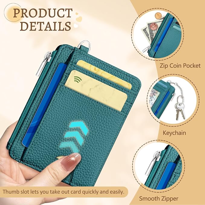 Kelvoris Credit Card Holder Small Wallet Women, Slim RFID, Teal Blue | Keychain, Zipper Coin Pocket, Front Pocket Thin Travel Card Case, Minimalist, 6 Card Slots, 1 ID Window, Ladies Gifts Woman